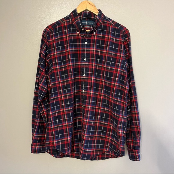 Ralph Lauren Mens Classic Fit Red Blue Plaid Long Sleeve Cotton Button Down L - Picture 1 of 12